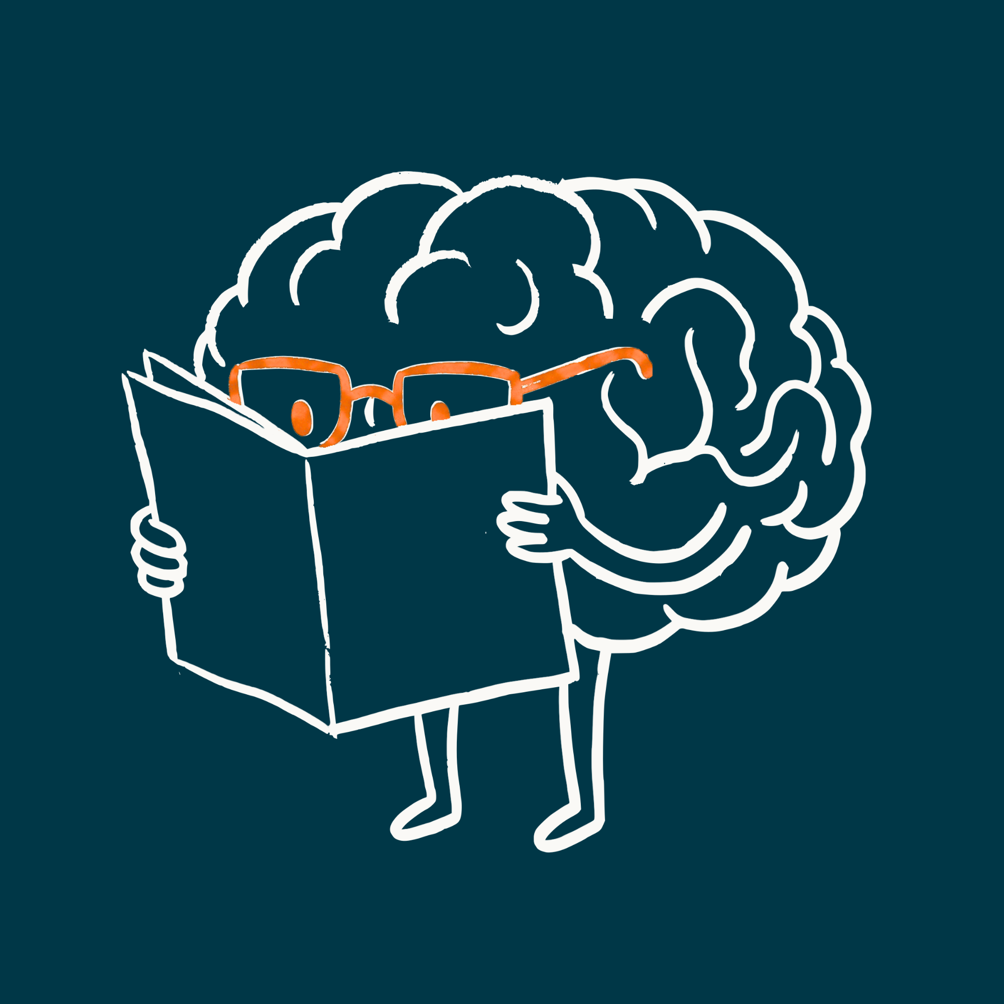 Weiße Strichzeichnung eines vermenschlichten Gehirns mit Armen und Beinen auf dunkelblauem Grund. Das Gehirn trägt eine orangefarbene Brille und liest in einem aufgeschlagenen Buch, das es in den Händen hält. Weiße Strichzeichnung eines vermenschlichten Gehirns mit Armen und Beinen auf dunkelblauem Grund. Das Gehirn trägt eine orangefarbene Brille und liest in einem aufgeschlagenen Buch, das es in den Händen hält.