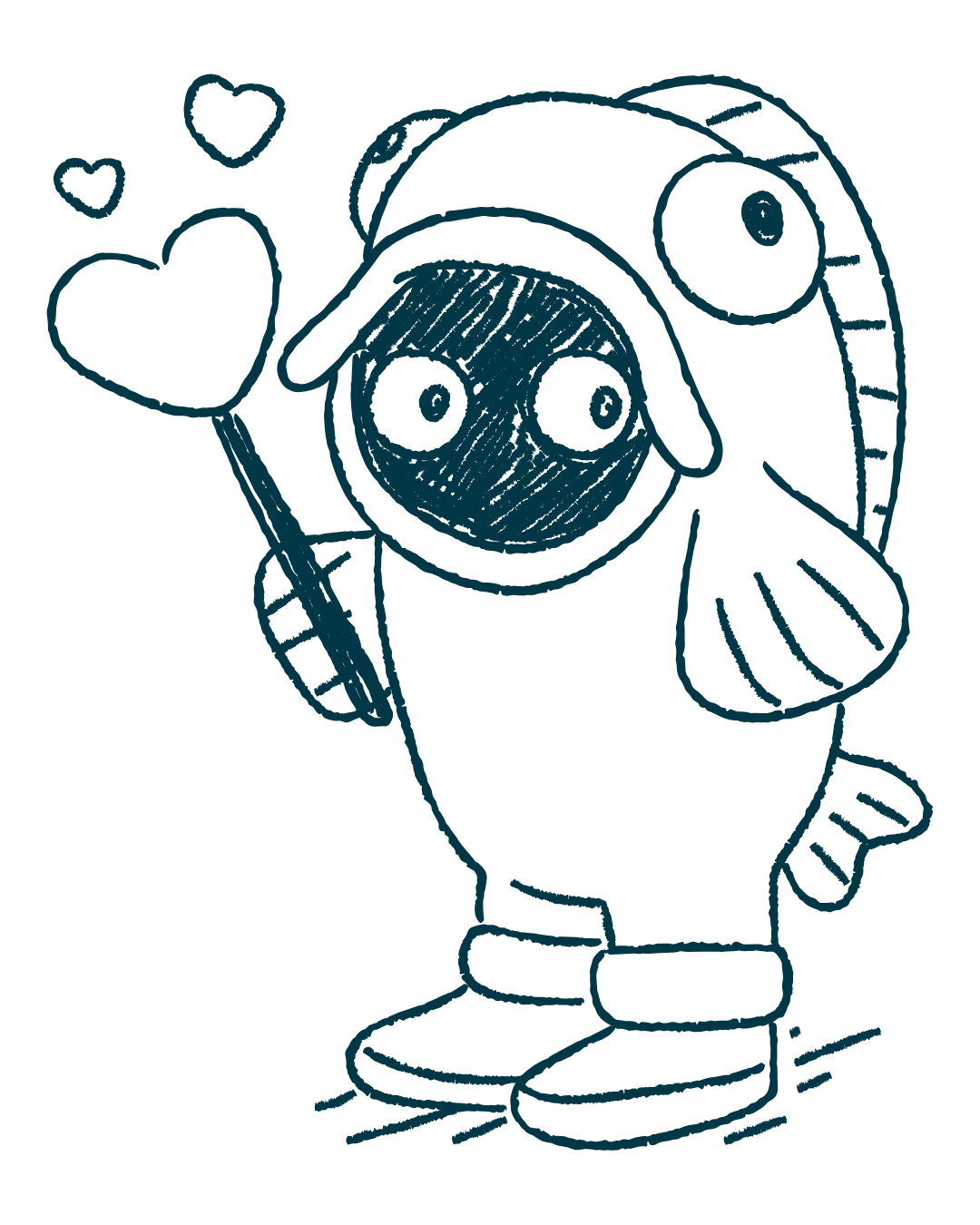 Illustration einer Person in einem Fischkostum, mit einem Schild mit einem Herz in der Hand