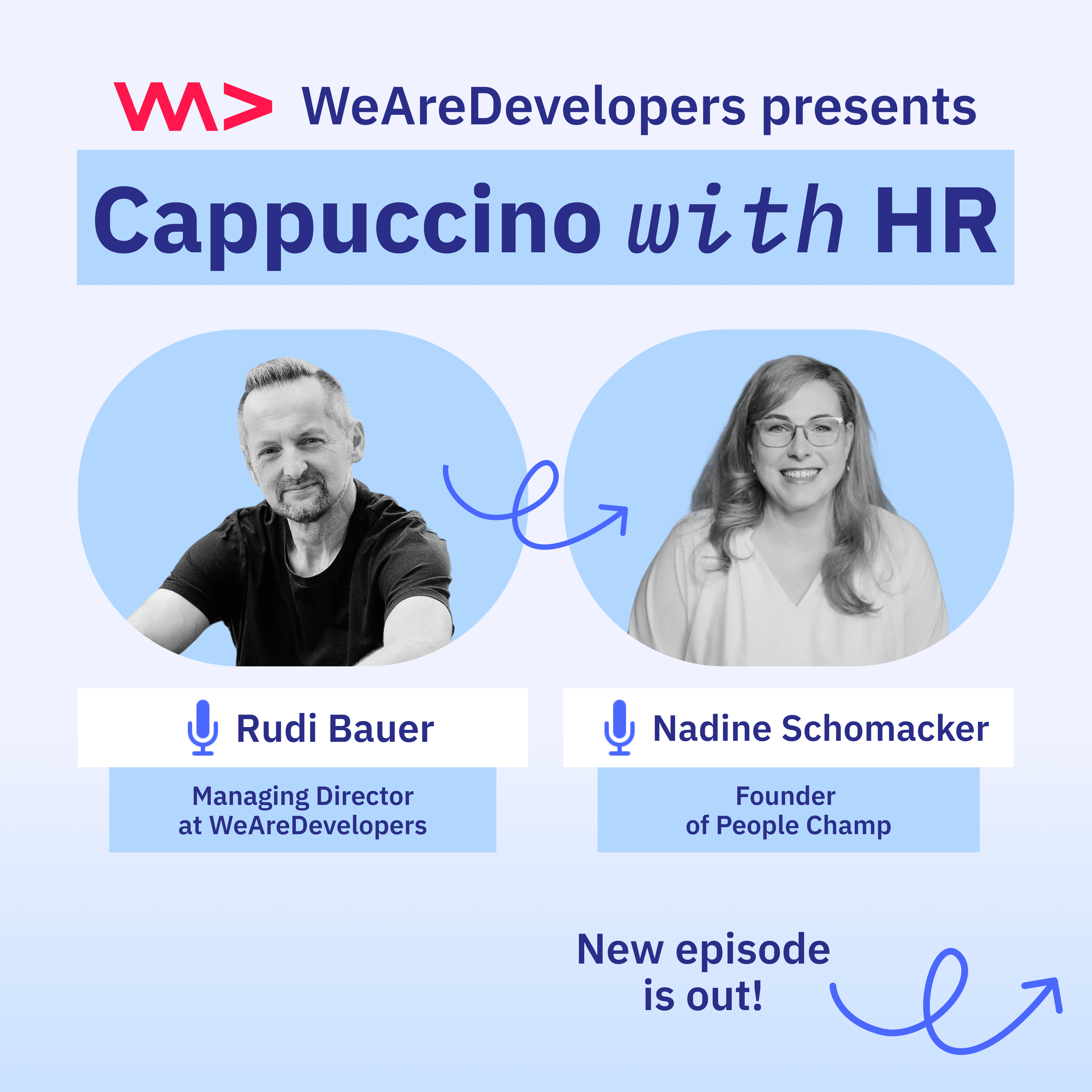 Grafik mit der Überschrift WeAreDevelopers presents Cappuccino with HR darunter sind zwei Bilder, eines von einem Mann im schwarzen T-Shirt unter dem Rudi Bauer, Managing Director WeAreDevelopers steht und daneben das Bild einer Frau in einer weißen Bluse unter der Nadine Schomacker, Founder of People Champ steht. 