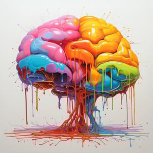 Farbige, flüssige Acryl-ähnliche Darstellung eines kreativen Gehirns mit Tropfen. Farbige, flüssige Acryl-ähnliche Darstellung eines kreativen Gehirns mit Tropfen.