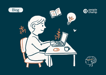 Blog-Titelbild: Weiße Strichzeichnung. Eine Person sitzt am Schreibtisch und tippt am Laptop. Über ihr schweben eine Glühbirne und ein Buch. Oben stehen „Blog“ und das „people champ“-Logo. Unten rechts ist ein kleines, lesendes Gehirn abgebildet.
