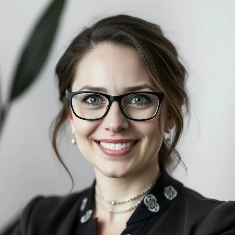 Junge Frau mit Brille, lächelnd, schwarze Bluse aus Blumenstoff, gepflegte Frisur.