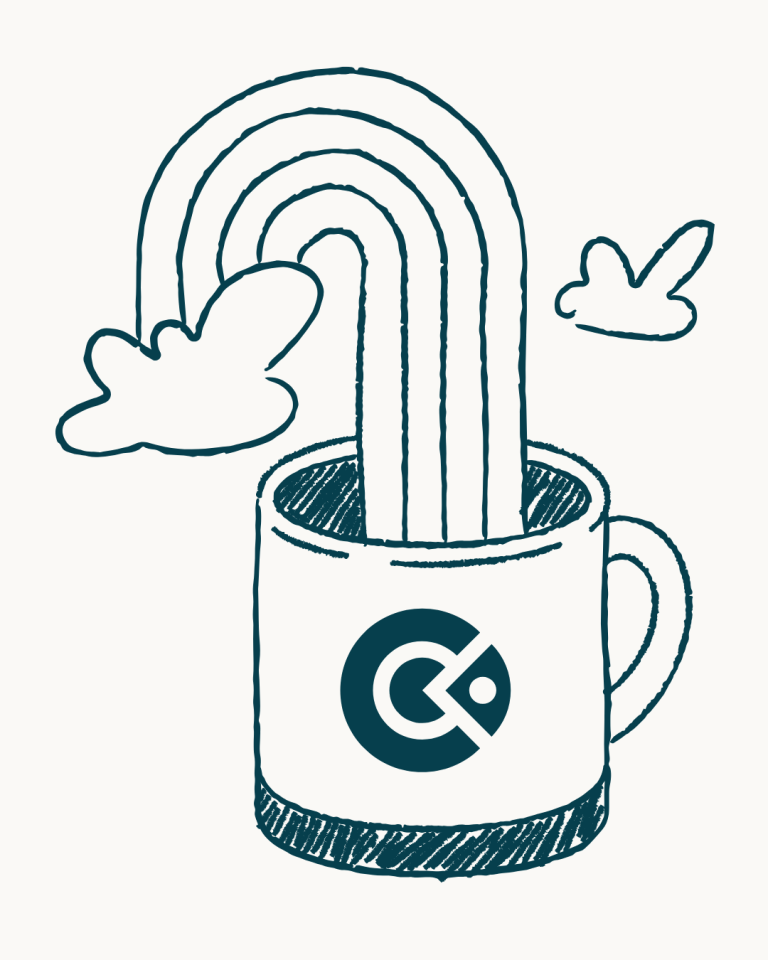 Tasse mit Logo, in die sich ein Regenbogen aus einer Wolke ergießt
