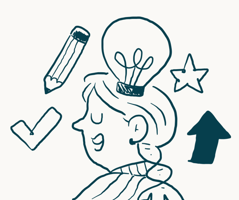 Illustration einer Person mit Glühbirne, Stift, Stern und Pfeil über dem Kopf.