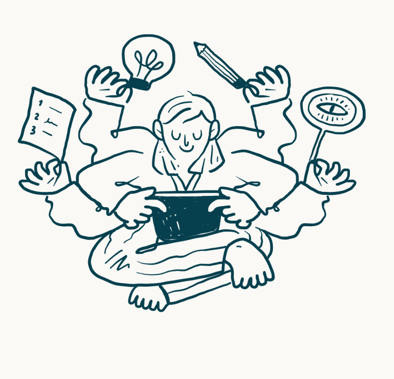 Illustration einer Person mit mehreren Armen, die kreativ arbeitet und ein Tablet nutzt.