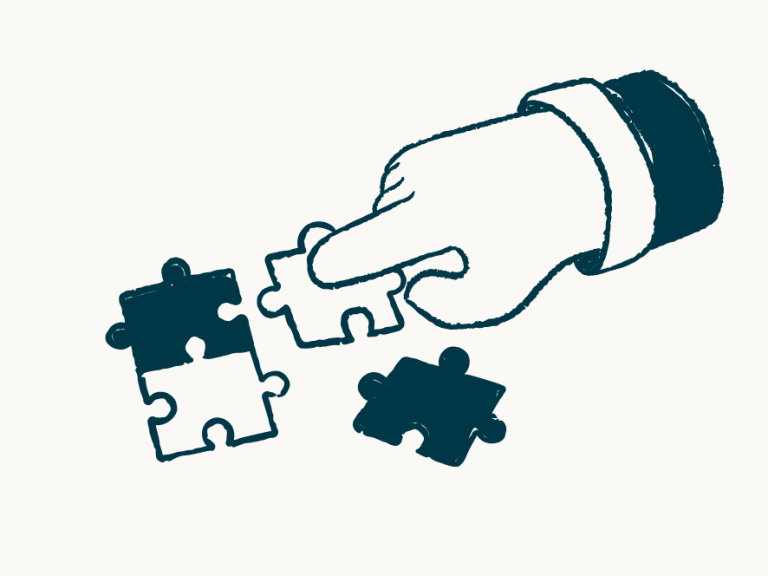 Illustration von einer Hand, die ein Puzzlestück in ein Puzzle einfügt.